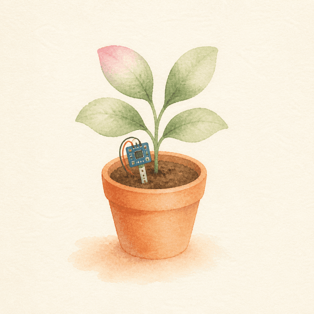 Watercolor terracotta pot with a soil sensor in the dirt