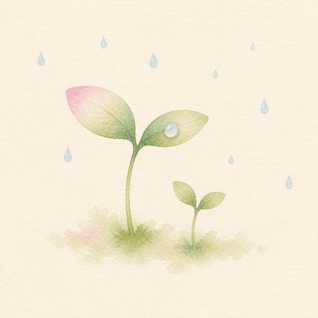 Watercolor seedling with a baby plant and raindrops